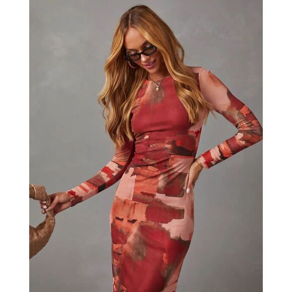 VICI Fall Baecation Printed Long Sleeve Mesh Midi Dress Red, Rust Size M - Picture 11 of 12